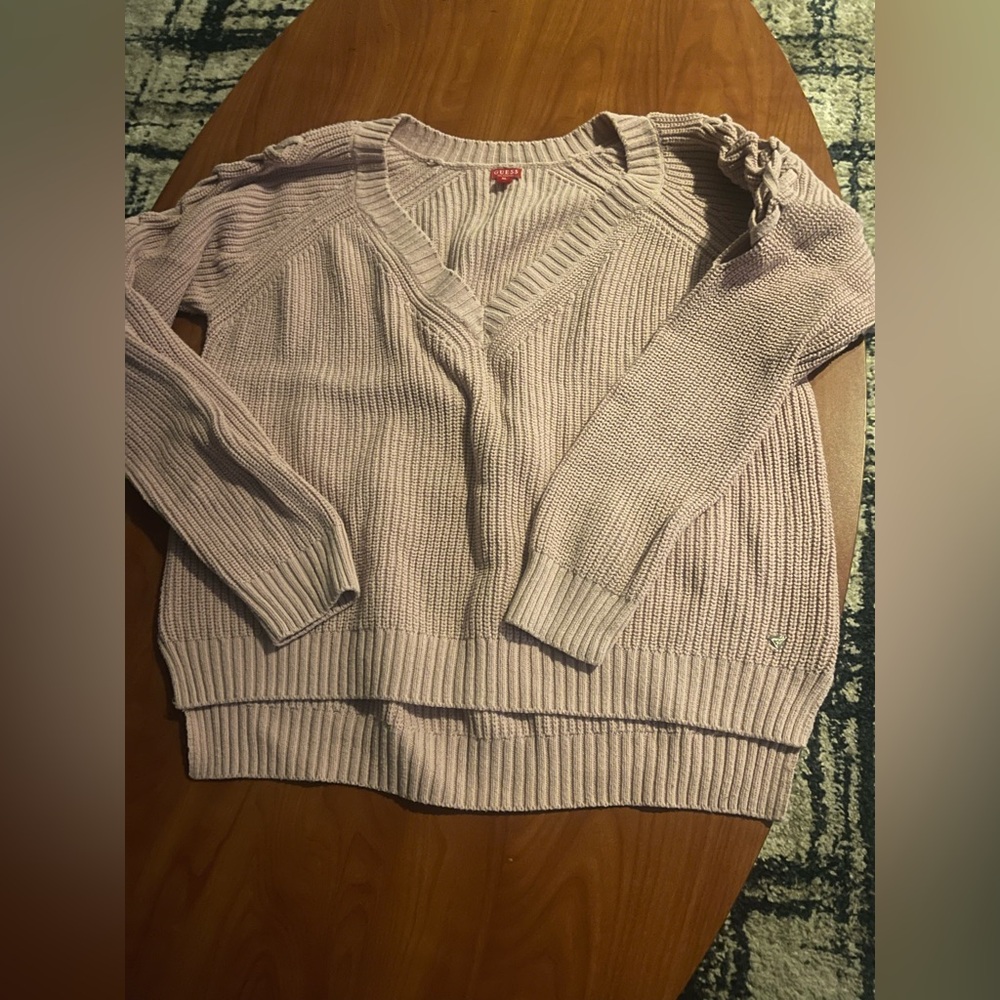 Guess Light Pink V-Neck Ribbed Knit Sweater